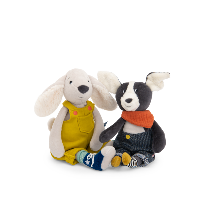 Doudou canard MOULIN ROTY La Grande Famille salopette rayée 36 cm